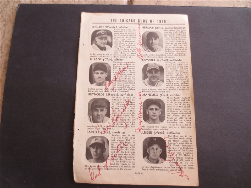 Autographed 1939 Chicago Cubs Two-sided Page with 12 Signatures including Billy Herman