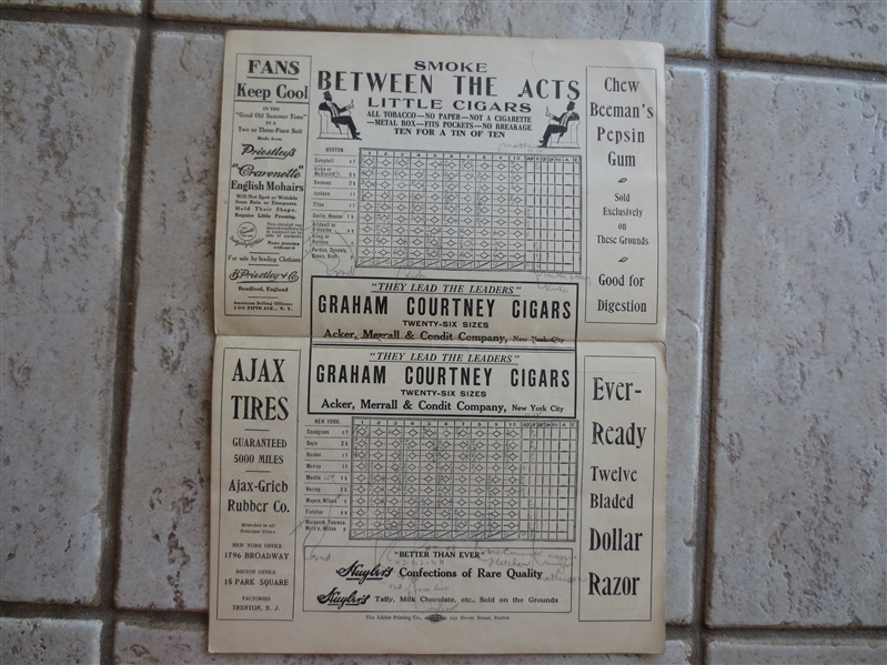 1912 New York Giants at Boston Braves Scored Baseball Program Scorecard with Christy Mathewson Pitching