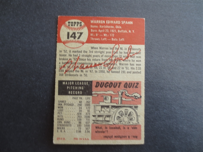 1953 Topps Warren Spahn Baseball Card #147 in Great Shape!  Hall of Famer