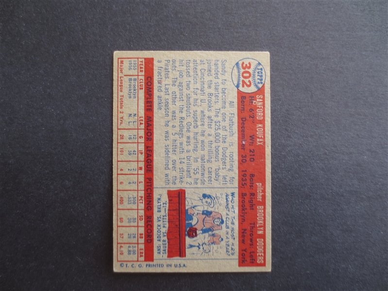1957 Topps Sandy Koufax Baseball Card #302 in very nice shape!