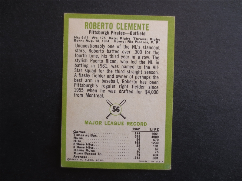1963 Fleer Roberto Clemente Baseball Card #56 in Great Shape!