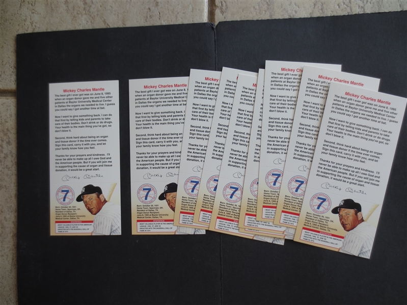 (10) 1995 Mickey Mantle Organ Donor Advertising Flier Baseball Card  7.5 x 3.5
