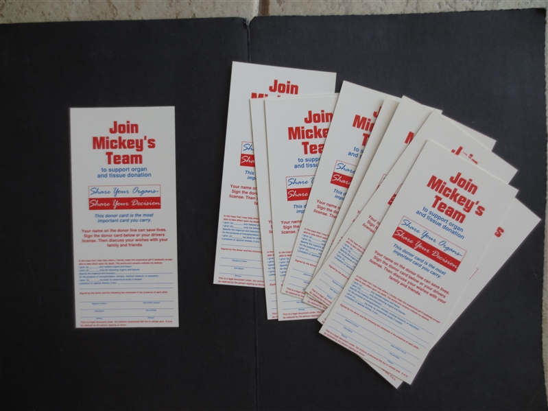(10) 1995 Mickey Mantle Organ Donor Advertising Flier Baseball Card  7.5 x 3.5