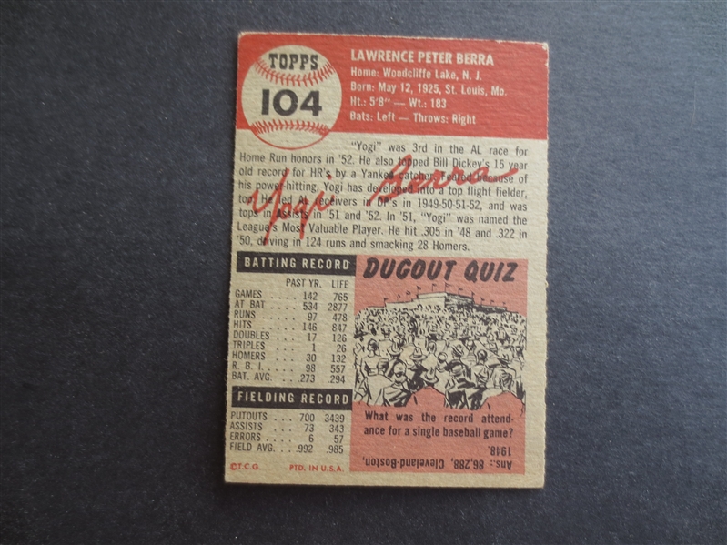 1953 Topps Yogi Berra Baseball Card #104 in Great Shape!