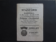 1912 Pomona College vs. Occidental College Track and Field Program with mention of upcoming baseball game Occidental vs. Vernon of the PCL