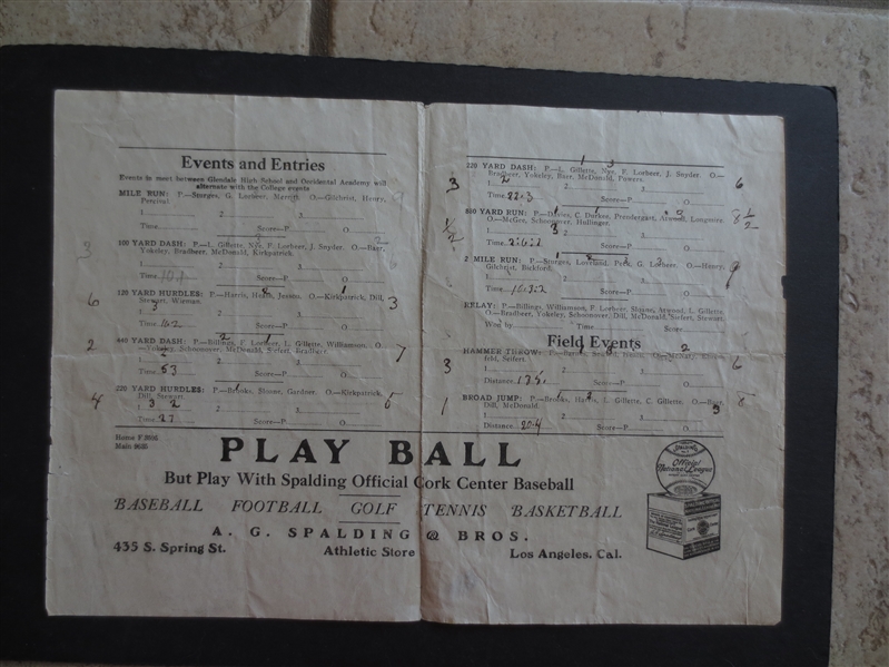 1912 Pomona College vs. Occidental College Track and Field Program with mention of upcoming baseball game Occidental vs. Vernon of the PCL